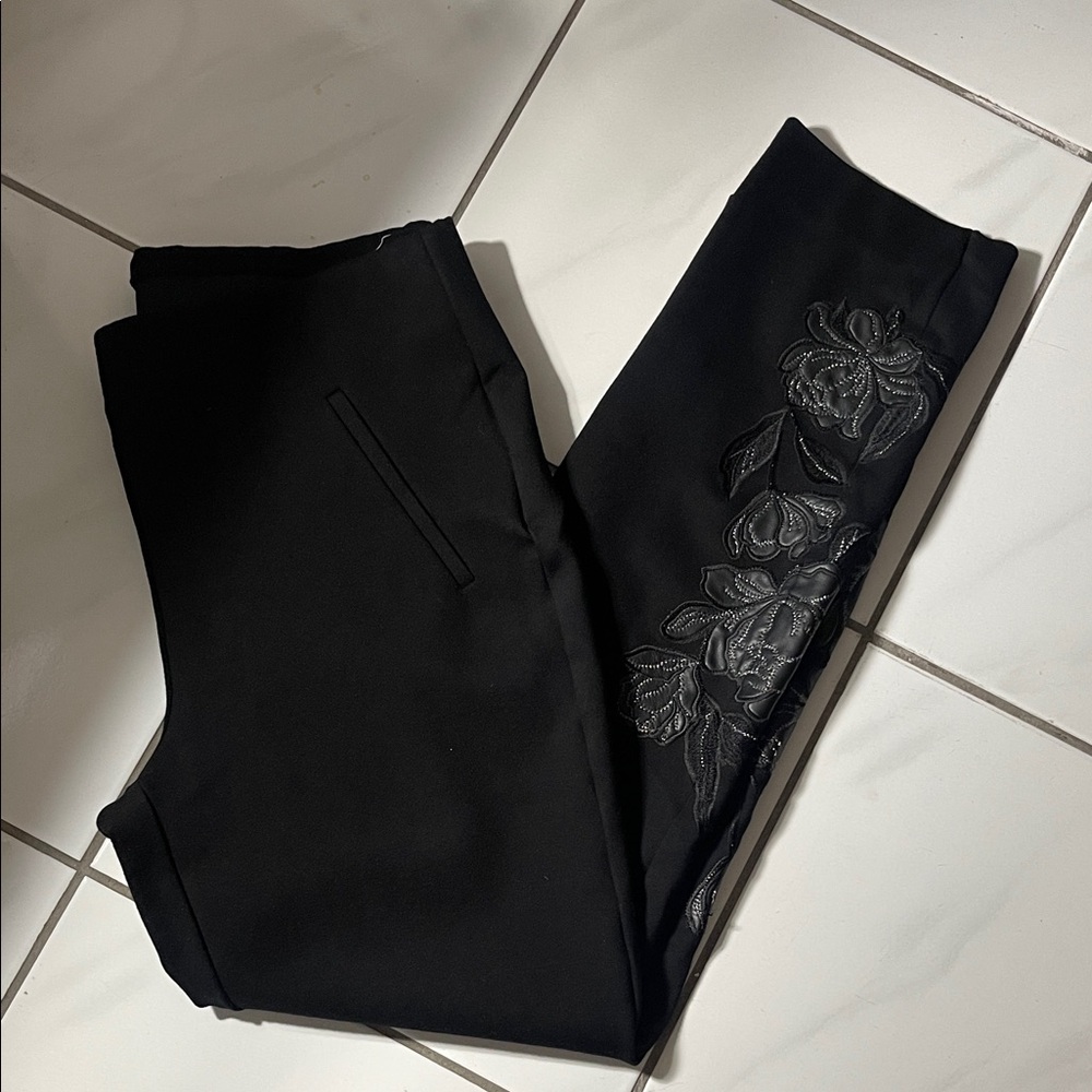Black Pants with Floral Embroidery